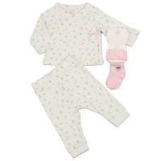 N14759: Baby Girls Waffle Fabric Top, Pant, Socks & Headband Outfit (0-9 Months)